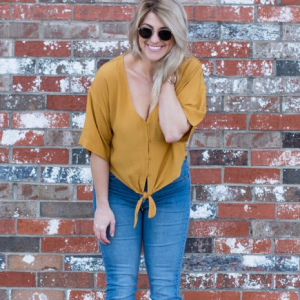 RD Style mustard, blouse, lightweight tie, not in the front